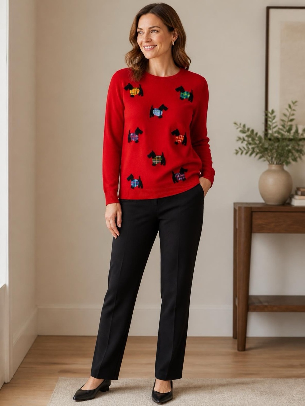 Talbots Cotton Cashmere Scottie Dog Embroidered Plaid Sweater, Red, Size M